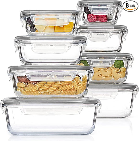 Vtopmart 8 Pack Glass Food Storage Containers with Airtight Lids, Glass Meal Prep Containers, Lunch Office Meal for Microwave, Oven, Freezer and Dishwasher, BPA Free by Vtopmart