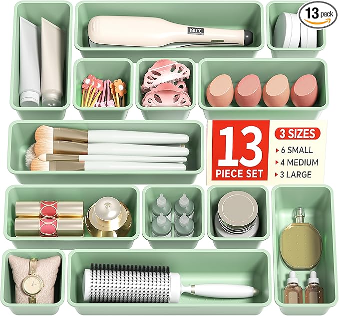 Canfanni 13 Pack Plastic Drawer Organizers Set, 3 Sizes Desk Drawer Organizer Trays for Vanity and Makeup Organizer, Organization and Storage for Makeup, Kitchen Utensils, Bathroom and Office(Green) by Canfanni