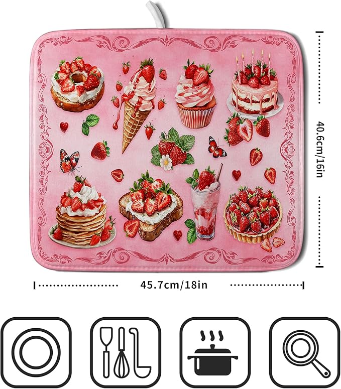 Pink Strawberry Dish Drying Mat for Kitchen Counter Washable Absorbent Dish Draining Mat 16×18in - Image 2