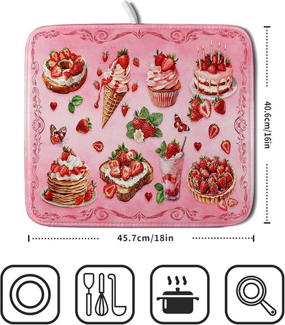 Pink Strawberry Dish Drying Mat for Kitchen Counter Washable Absorbent Dish Draining Mat 16×18in - Image 2