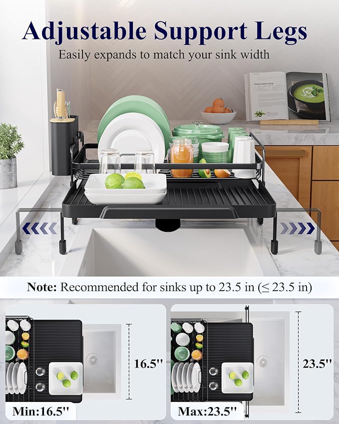Kitsure Extendable Dish Drying Rack - Adjustable Length 12.8"–21.0", Auto-Draining Dish Rack for Kitchen Counter, Rust-Resistant Metal Frame Over-Sink Support for Plates, Bowls & Utensils, Black - Image 3