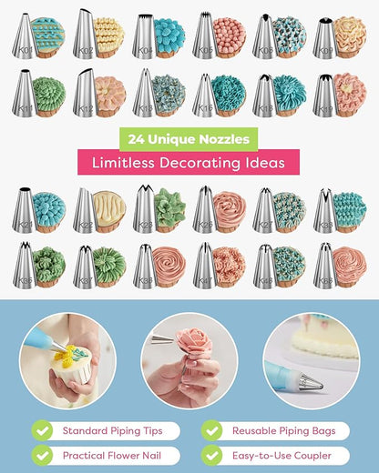 Kootek 32-Piece Piping Bags and Tips Set with 24 Icing Piping Tips, 2 Reusable Pastry Bags 12 Inch, Reusable Piping Icing Bags and Tips, Cake Decorating Kit for Frosting Cookie, Cupcake - Image 2
