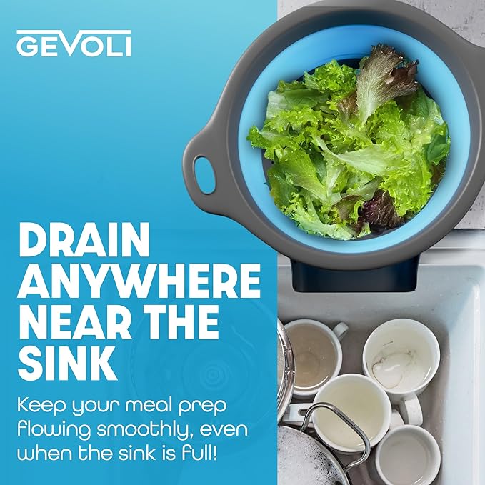 Gevoli Strainer with Self-Draining Base (5QT) Over-Sink Collapsible Kitchen Colander Set with Side-drain Base for Pasta Vegetables and Fruit, XL Large Capacity, Dishwasher Safe (5-Quart) Blue/Gray - Image 5