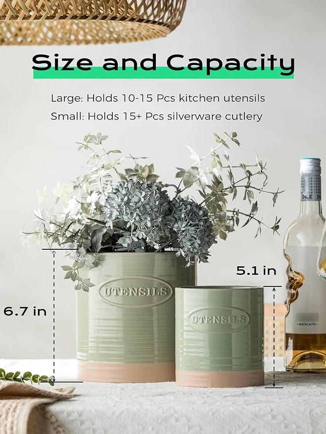 YHOSSEUN Kitchen Utensil Holder, 6.7"+5.1" Ceramic Utensil Holder for Kitchen Counter, Oval Cooking Utensil Crocks for Countertop, Utensil Storage Organizer Set of 2, Green - Image 6
