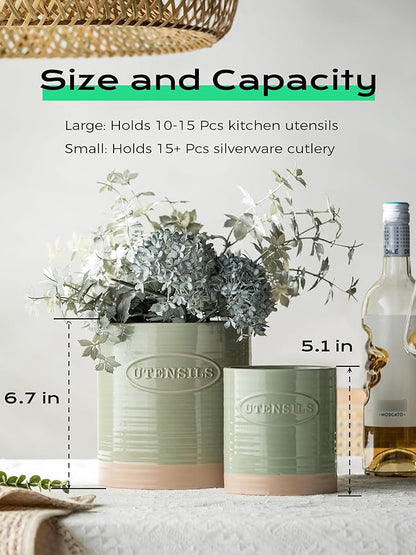 YHOSSEUN Kitchen Utensil Holder, 6.7"+5.1" Ceramic Utensil Holder for Kitchen Counter, Oval Cooking Utensil Crocks for Countertop, Utensil Storage Organizer Set of 2, Green - Image 6