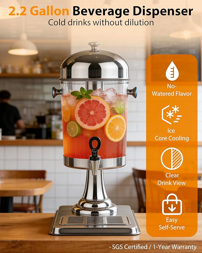 Beverage Dispenser with Stand,2 Gallon Drink Dispenser for Parties,Events,Buffet &Self-Serve,Dual Ice Tube Core Fruit Infuser,Leakproof Spigot,Clear PC Container,Stainless Steel Lid&Base - Image 3