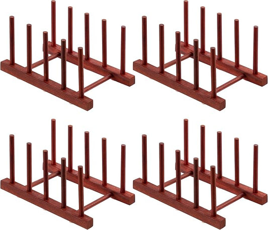 HBlife 4pcs Rosewood Wooden Dish Drying Rack - Home and Kitchen Organizer for Cups, Bowls, Pots, Lids, Cutting Boards & Plates Space-Saving for Cabinets Counters (4 Slots)