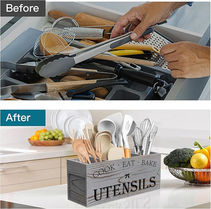 Suli Extra Large Kitchen Utensils Holder with 4 Compartments, Wooden Utensil Organizer for Kitchen Countertop, Farmhouse Decor, Rustic Cooking Utensil - Grey grain - Image 3