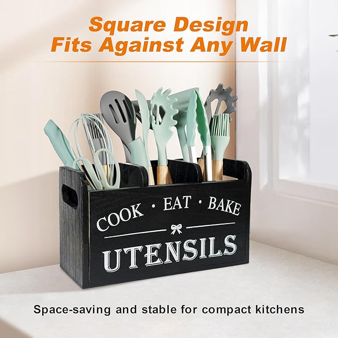 Wooden Kitchen Utensil Holder with 3 Compartments, Utensil Storage Organizer for Kitchen Counter, Farmhouse Decor & Rustic Cooking Tools Storage(Black) - Image 6