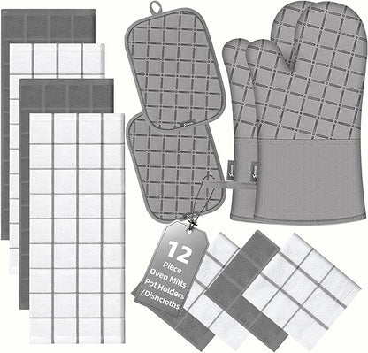 Oven Mitts Kitchen Towels and Dishcloths Pot Holders Sets, Oven Gloves Kitchen Dish Towels 500 Degree Heat Resistant Potholders with Non-Slip Silicone Surface for Cooking, Grilling, Baking-Gray by BSKSSK