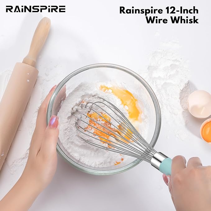 Rainspire 12-Inch Wire Whisk Stainless Steel, Balloon Whisks for Cooking, Wisk Wisking Tool With Soft Silicone Handle, Thick Durable Whisker for Blending, Beating, Whisking, Stirring, Mint Green - Image 6