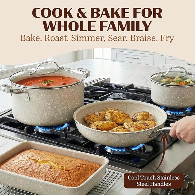 Granitestone Ceraluxe 20 Pc Ceramic Cookware Set Nonstick, Complete Pots and Pans Set Non Stick with 5 Pc Bakeware Set, Deep Frying Pan Set, & Steamer, Non Toxic PFOA Free, Oven & Dishwasher Safe - Image 7