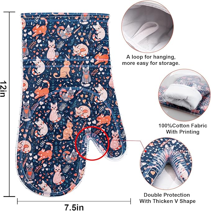 Oven Mitts Set of 2 with Transparent Clear Silicone Shell and Nice cat Printing Cotton Lining, Heat Resistant to 500 F Kitchen Oven Gloves Pot Holder for Cooking (Navy, Cat, Oven Mitts) - Image 2