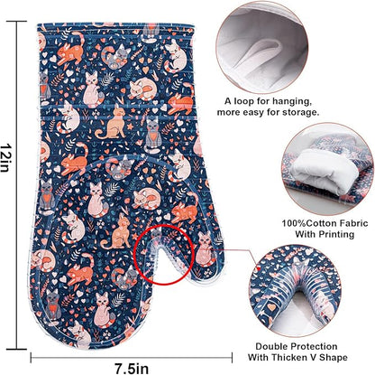 Oven Mitts Set of 2 with Transparent Clear Silicone Shell and Nice cat Printing Cotton Lining, Heat Resistant to 500 F Kitchen Oven Gloves Pot Holder for Cooking (Navy, Cat, Oven Mitts) - Image 2