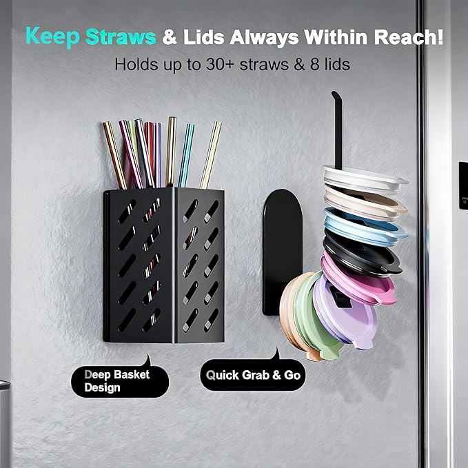 Magnetic Cup Holder for 8 Stanley 30/40 oz Tumbler, 2Pack Water Bottle Holder with Tumbler Lid & Straw Organizer, Flexible disassembly, Ideal for Fridge and Other Iron Surfaces