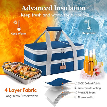Lifewit Insulated Double Decker Casserole Carrier, Expandable Lasagna Lugger Tote Bag for Hot or Cold Food, Fits 9" x 13" Baking Dish for Potluck Parties, Picnic and Cookouts, Pure Blue