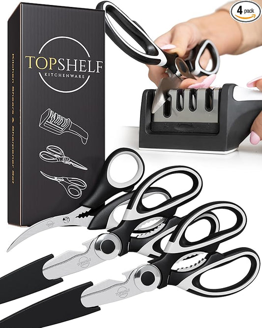 Heavy Duty Kitchen Shears With Sharpener - Lifetime Replacement Warranty* - Multipurpose Stainless Steel Scissors for Food - Sharp Food-Grade Kitchen Scissor for Meat, Seafood, Poultry - 4 Piece Set by Unknown