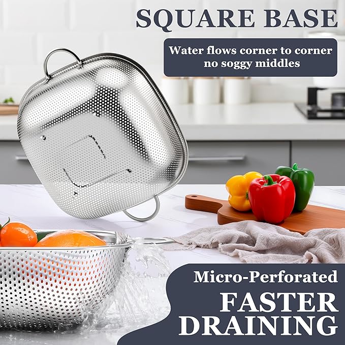 E-far 3 Pack Colander for Kitchen, Square Stainless Steel Metal Strainer Colander with Handle for Draining Food Pasta Vegetable, Micro-Perforated & Elevated Feet, Dishwasher Safe(2.4/4/6QT) - Image 3
