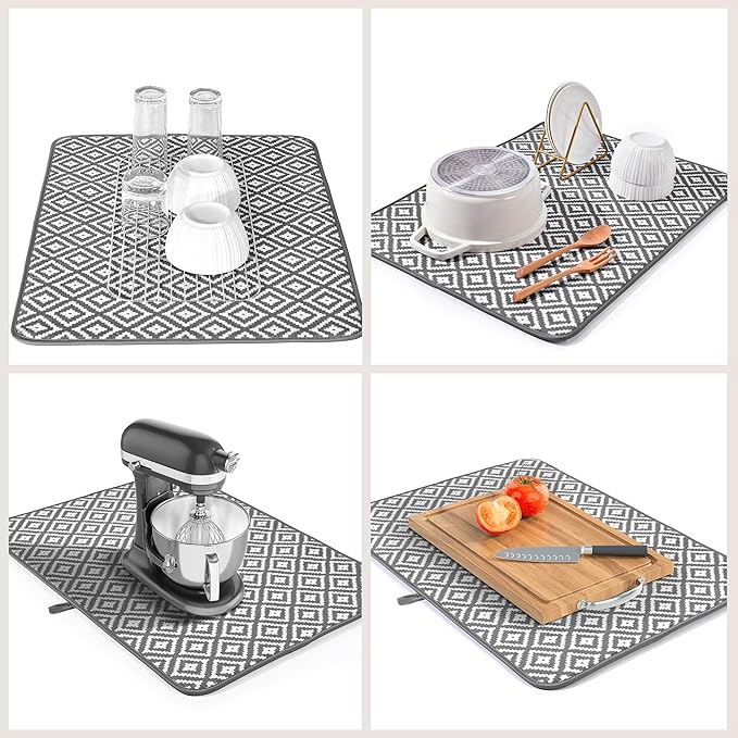 Subekyu 2 Pack Dish Drying Mat, 24*18 inch Ultra Absorbent Microfiber Dishes Drainer Mats for Kitchen Counter, Large Size Dish Drying Pad with Rhombus patterns - Image 6