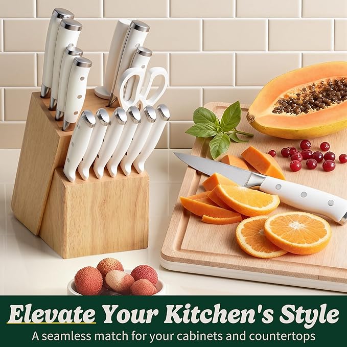 Knife Set, 15 Piece Premium Chef High Carbon Stainless Steel Kitchen Knife Block Set, Razor-sharp, Ergonomic Forged Triple Rivet Handle, Professional Knife Set for Kitchen, Dishwasher Safe(White) - Image 2