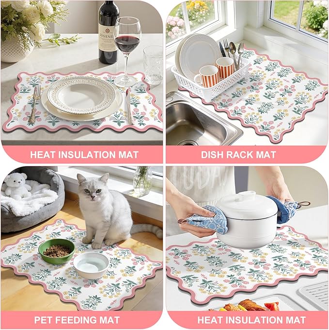 LOKHOM Scalloped Floral Dish Drying Mat, 12"x20" Super Absorbent Coffee Mat with Unique Pink Pastoral Floral, Cuttable Hide Stain Non-slip Drying Mat for Kitchen Counter Coffee Maker Espresso Machine - Image 7