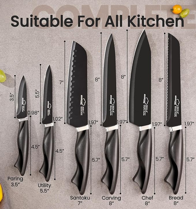 Knife Set, 15 Pieces Kitchen Knife Set with Built in Sharpener, German High Carbon Stainless Steel Knife Block Set, Dishwasher Safe, Black, Mothers Day Gifts - Image 2