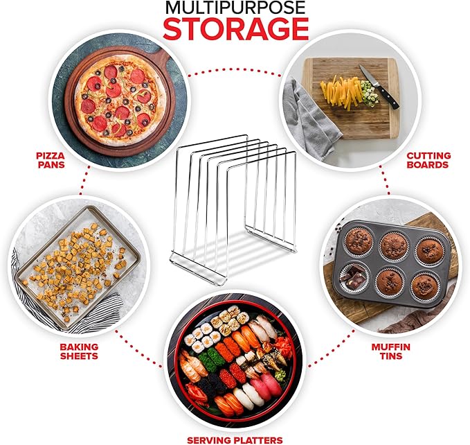 Stock Your Home Chrome (2 Pack) Extra Tall Steel Baking Pan Organizer Rack for Cabinet Storage or Kitchen Counter, Cookie Baking Sheet Organizer with Dividers, Muffin Tin and Cutting Board Holder - Image 4