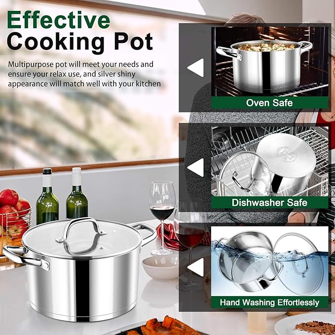 P&P CHEF 8 Quarts Cooking Stock Pot with Lid, Stainless Steel Stockpot Induction Pot for Soup, Tri-Ply Bottom & Clear Glass Lid & Double Handle, Dishwasher Safe - Image 7
