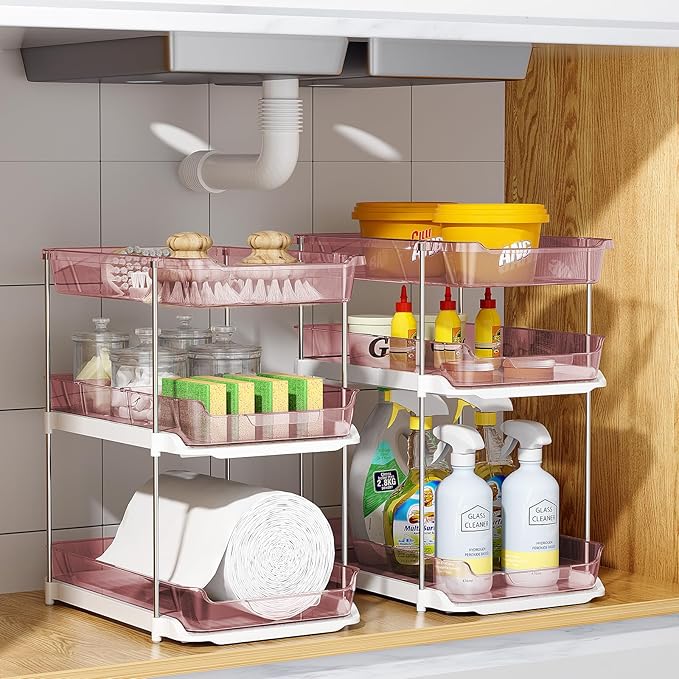 Delamu 2 Pack 3-Tier Bathroom Under Sink Organizers and Storage, Multi-Purpose Stackable Pantry Organization and Storage, Pull Out Clear Kitchen Bathroom Cabinet Organizer with Movable Dividers, Pink - Image 7