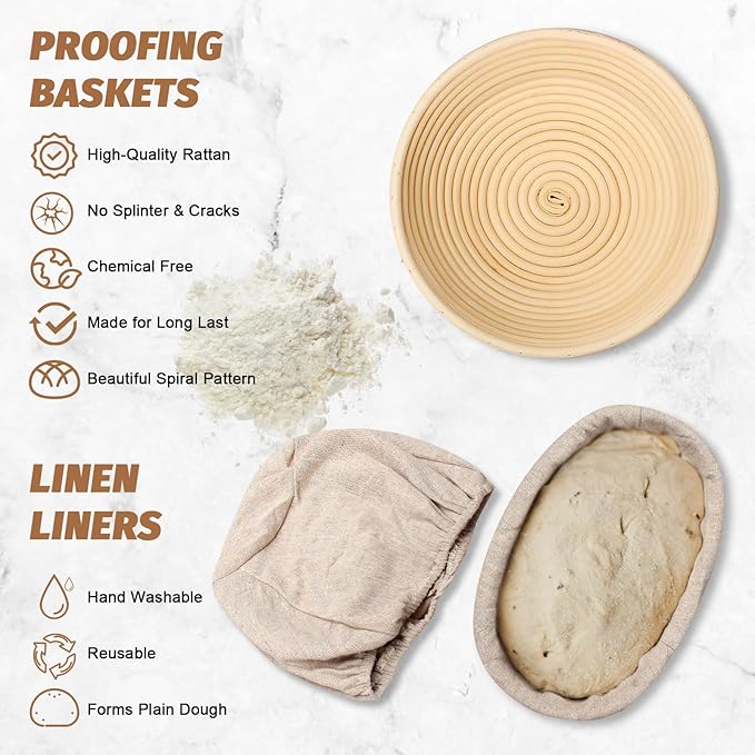 Sourdough Proofing Basket Gift Set, 9" Round and 10" Oval Banneton Bread Baking Supplies, Sourdough Baskets with Bread Lame, Danish Whish, Bowl Scraper, Sourdough Scraper, and Linen Liner - Image 2