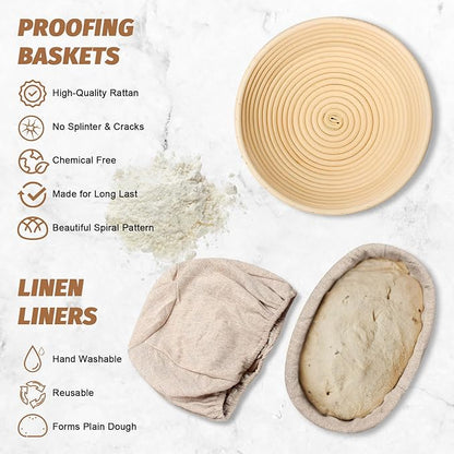Sourdough Proofing Basket Gift Set, 9" Round and 10" Oval Banneton Bread Baking Supplies, Sourdough Baskets with Bread Lame, Danish Whish, Bowl Scraper, Sourdough Scraper, and Linen Liner - Image 2