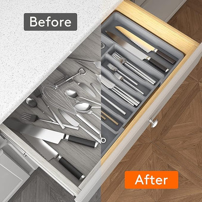 Lifewit Silverware Drawer Organizer, Expandable Utensil Tray for Kitchen, BPA Free Flatware and Cutlery Holder, Adjustable Plastic Storage for Spoons Forks Knives, 13-22 x 15", Grey - Image 4