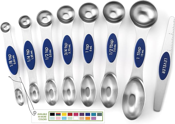 Spring Chef Stainless Steel Magnetic Measuring Spoons Set of 8 with Leveler, Heavy Duty Teaspoon & Tablespoon Measuring Spoons With Strong N45 Magnets, Kitchen Gadgets for Baking & Cooking - Sapphire by SpringChef