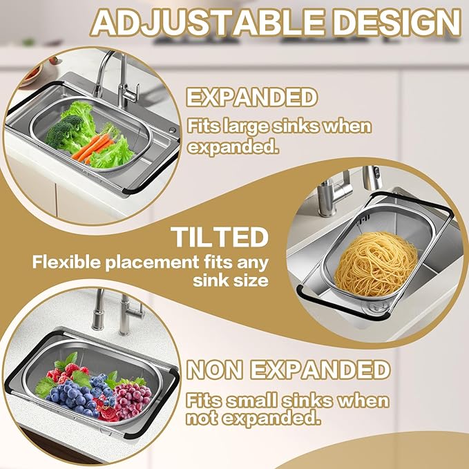 Over the Sink Colander - 6QT Strainers and Colanders - Stainless Steel Strainer - Expandable Sink Colander with Rubber Grip for Strain, Drain, Rinse Fruits, Vegetables, Home Kitchen Essentials - Image 5