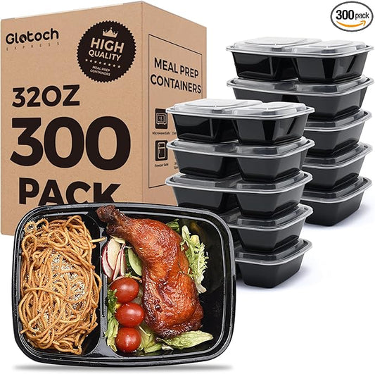 Glotoch Express 300 Pack 32oz Black 2 Compartment Square Meal Prep Containers, Food Storage Containers with Lids for Microwave Dishwasher Freezer Safe by GlotochExpress