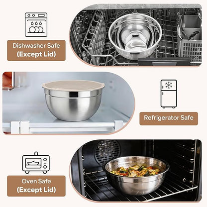 E-far Mixing Bowls With Lids Sets of 5, 10-Piece Stainless Steel Salad Metal Nesting Bowl for Baking Cooking and Prepping, Airtight Lid & Stackable Design, Size 4.6, 3, 2.1, 1.5, 0.7 QT, Khaki - Image 7