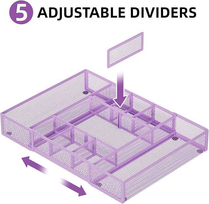 Marbrasse Expandable Desk Drawer Organizer, Mesh Drawer Organizer Tray with 10 Adjustable Compartments, Desk Organizers and Accessories for Office Supplies, Makeup & Vanity (Expandable-Purple) - Image 3