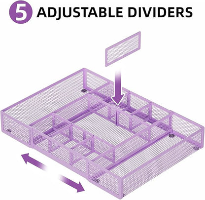 Marbrasse Expandable Desk Drawer Organizer, Mesh Drawer Organizer Tray with 10 Adjustable Compartments, Desk Organizers and Accessories for Office Supplies, Makeup & Vanity (Expandable-Purple) - Image 3