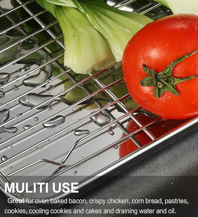 Stainless Steel Baking Sheet Tray Cooling Rack with Silicone Baking Mat Set, Cookie Pan with Cooling Rack, Set of 9 (3 Sheets + 3 Racks + 3 Mats), 10/12/16 Inch, Easy Clean - Image 7