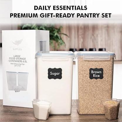WHITE FEATHER SUPPLIES 2 PC [7 Qt / 6.5L / 220 Oz] Large Food Storage Containers with Lids Airtight - BPA Free Clear Plastic Kitchen and Pantry Storage Containers for Cereal, Flour, Sugar, Rice