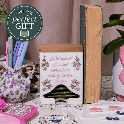 Steel Mill & Co Ceramic Tea Bag Dispenser with Bamboo Lid, Tea Storage Container for Kitchen Counter, Organizer for Tea Bags, Cute Bookish Gift for Tea Lovers (Jane Austen Quote)