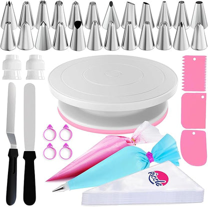 Riccle 88 pcs Cake Decorating Kit with Pink Cake Turntable - Includes 50 Disposable + 2 Reusable Piping Bags and Tips Set, 24 Icing Piping Tips, 2 Spatulas, 3 Icing Comb Scraper, Baking Supplies by Riccle