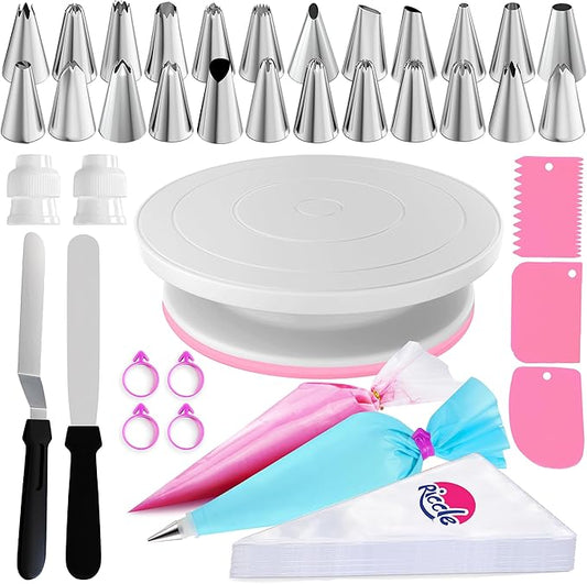 Riccle 88 pcs Cake Decorating Kit with Pink Cake Turntable - Includes 50 Disposable + 2 Reusable Piping Bags and Tips Set, 24 Icing Piping Tips, 2 Spatulas, 3 Icing Comb Scraper, Baking Supplies by Riccle