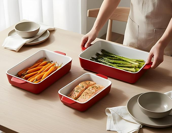Kook Ceramic Bakeware Set, Rectangular Baking Dishes, For Casseroles, Lasagna, Cake, Small, Medium & Large Pans, Microwave & Dishwasher Safe, Set of 3, Cherry - Image 2