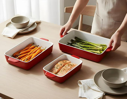 Kook Ceramic Bakeware Set, Rectangular Baking Dishes, For Casseroles, Lasagna, Cake, Small, Medium & Large Pans, Microwave & Dishwasher Safe, Set of 3, Cherry - Image 2