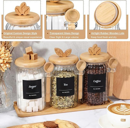 Suclain 3 Pcs Glass Coffee Container with Bamboo Color Lid & Spoon, 25 oz Airtight Glass Jar with Wooden Shelf, Food Storage Containers Coffee Jar Tea Container(Bamboo Color) - Image 3