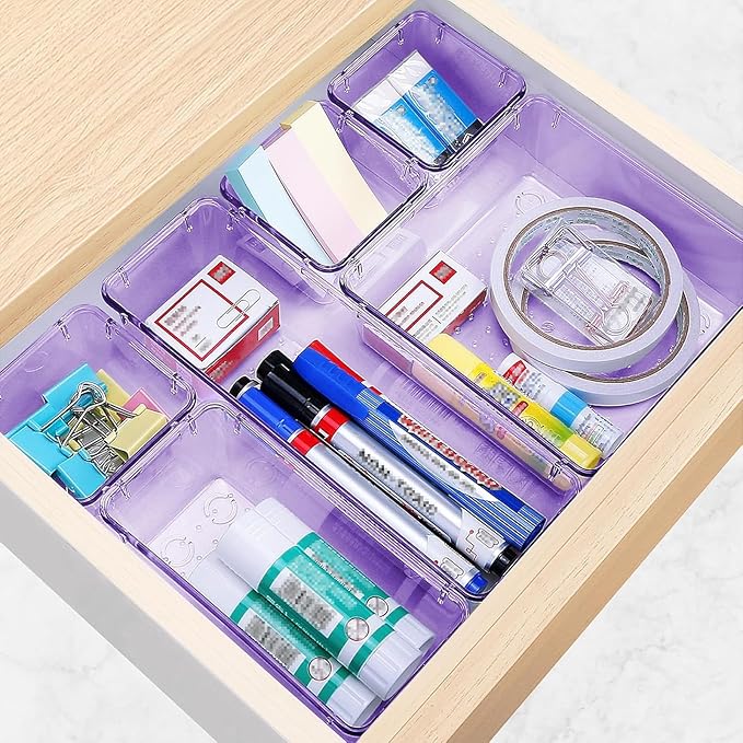 StorMiracle 25 PCS Drawer Organizer Set, 4 Varied Size Bathroom and kitchen Drawer cabinet organizer Trays, Clear Storage Bins for Makeup, Jewelry, Utensils and Gadgets， Purple - Image 5