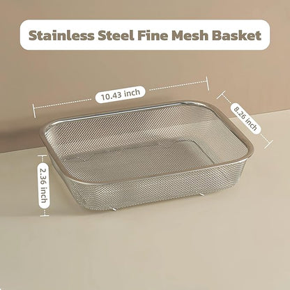 18/8 Stainless Steel Fine Mesh Strainer Basket with Feet, Rectangular Colander for Vegetables, Fruits, Pasta, Noodles – Rustproof, Durable & Easy to Clean (9.84 inch)