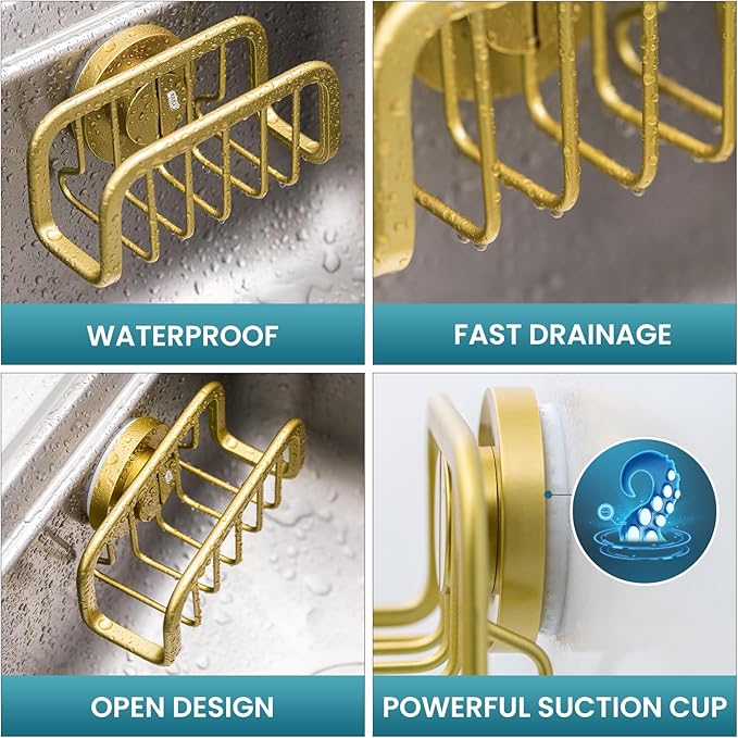 TAILI Sponge Holder for Kitchen Sink with Strong Suction Cup, Rustproof Aluminum Sink Caddy for Sponges, Removable Sponge Holder, Dish Brush for Scraper - Gold - Image 5
