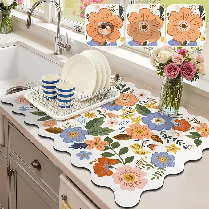 LOKHOM Scalloped Floral Dish Drying Mat, 18"x24" Super Absorbent Coffee Mat with Unique Spring Wildflowers, Cuttable Hide Stain Non-slip Drying Mat for Kitchen Counter Coffee Maker Espresso Machine by LOKHOM